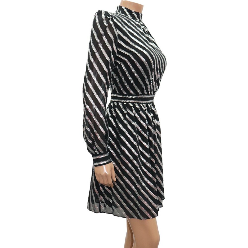 MICHAEL Michael Kors Metallic Stripe Silk Jacquard Black Silver Mini Dress 2 - Picture 7 of 8